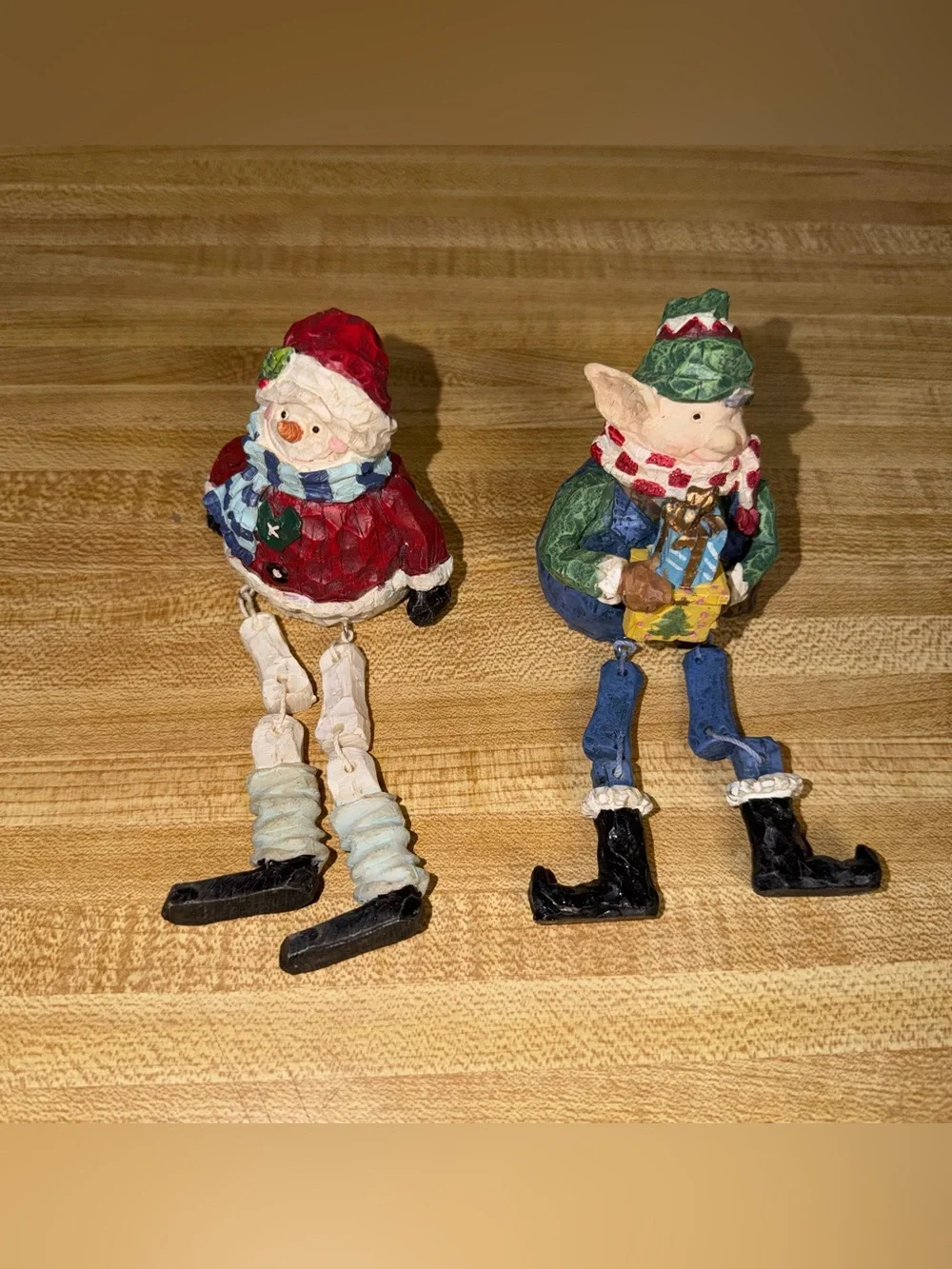 Vintage Holiday Snowman and Elf‎ sitting Figurines - Christmas holiday decor